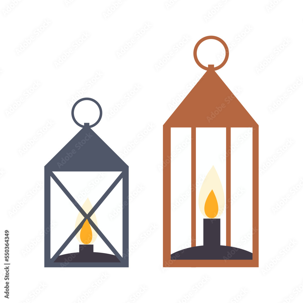 Flat vector illustration isolated on white background, Lantern with a candle. Candlelight lamp, festive winter decor. Decoration with burning flame, isolated element. Flat vector illustration isolated on white background, Lantern with a candle. Candlelight lamp, festive winter decor. Decoration with burning flame, isolated element.