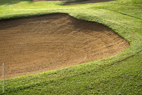 Fotografie, Obraz sandpit bunker golf course backgrounds, The sandpit on the golf course fairway i