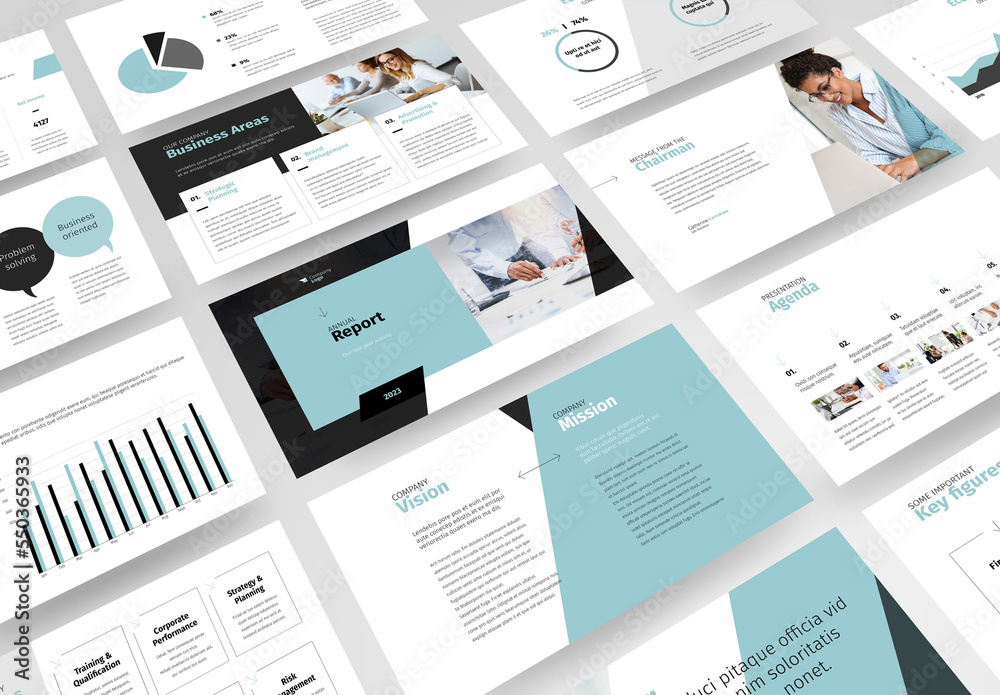 Annual Report Presentation with Blue and Gray Accents Stock Template ...