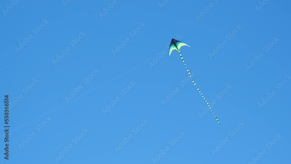 Flying kite high in the deep blue sky with a long tail. The concept of summer, family vacation and childhood Flying kite high in the deep blue sky with a long tail. The concept of summer, family vacation and childhood