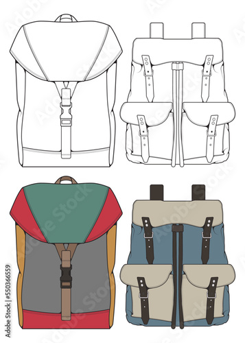 Set of Vector Backpacks Illustration. Backpacks for students, travellers and tourists.