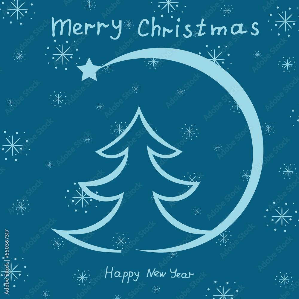 Outline Christmas tree with a crescent moon, star at the end and snowflakes. Creative and stylish greeting card with inscription Merry Christmas and Happy New Year. Muslim New Year.