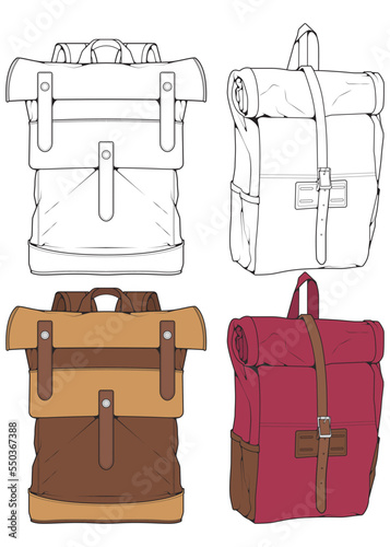 Set of Vector Backpacks Illustration. Backpacks for students, travellers and tourists.