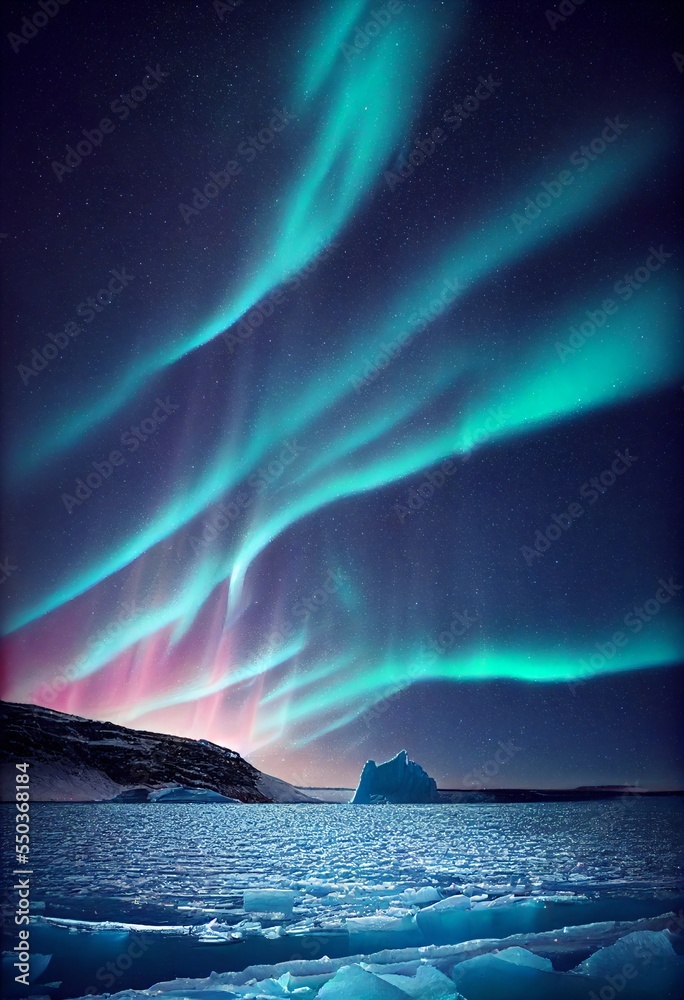 arctic landscape with polar lights, greenland and antarctica ice