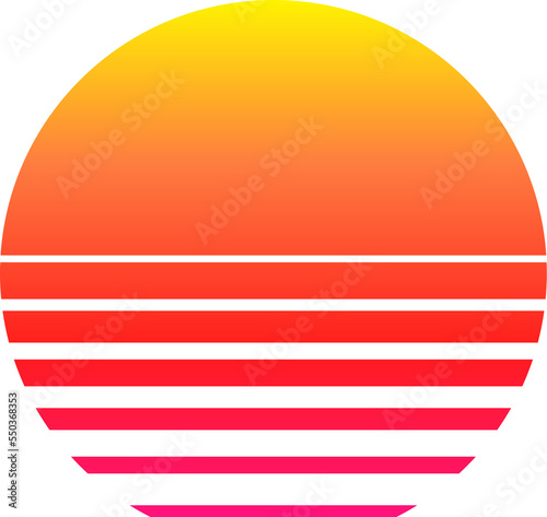 80s sun with striped bottom. Synthwave or arcade game style sunrise or sunset with lined sun