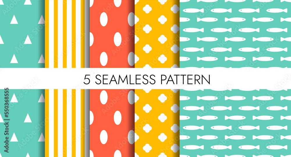 Seamless Geometric Patterns Set. Trendy vector seamless colorful pattern of geometric shapes. Kids backgrounds in red, green and yellow.