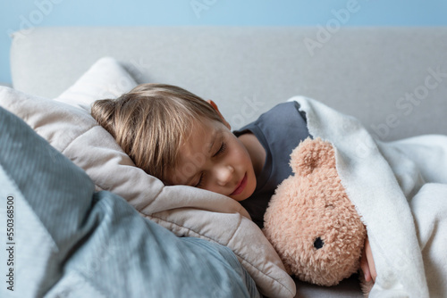 Preschool boy sleeps on the sofa in the living room, hugging his teddy bear.