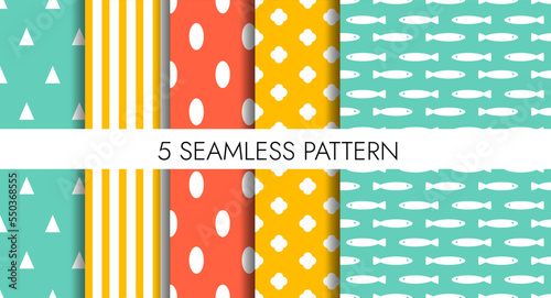 Seamless Geometric Patterns Set. Trendy vector seamless colorful pattern of geometric shapes. Kids backgrounds in red, green and yellow. photo