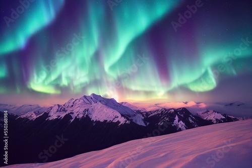 Nothern Lights, Aurora Borealis. Mountains sunset. Winter landscape in the mountains. Sunrise in the mountains. Beautiful North. Winter Landscape. Nature. Natural phenomena.