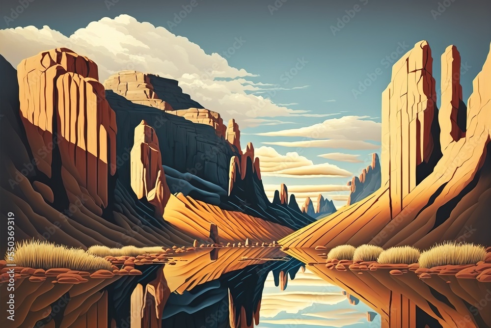 Arizona like valley desert landscape with river stream and towering ...