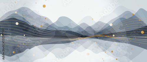 Abstract watercolor mountains vector background. Luxury wallpaper with brush and golden line. Black and gray watercolor, mountain landscape in gold lines, mountains illustration for wall art, cover.