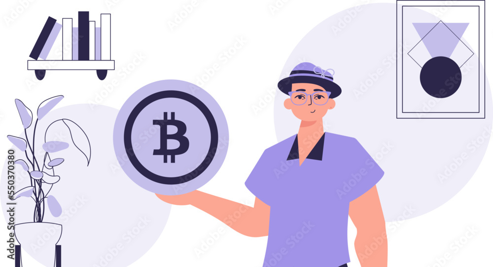 Cryptocurrency concept. A man holds a bitcoin in his hands. Character with a modern style.