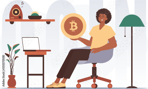 The concept of mining and extraction of bitcoin. The guy sits in a chair and holds a bitcoin coin in his hands. Character in trendy style.