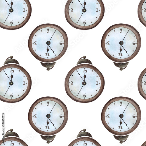 Vintage clock, seamless pattern, watercolor illustration, new year time, table item