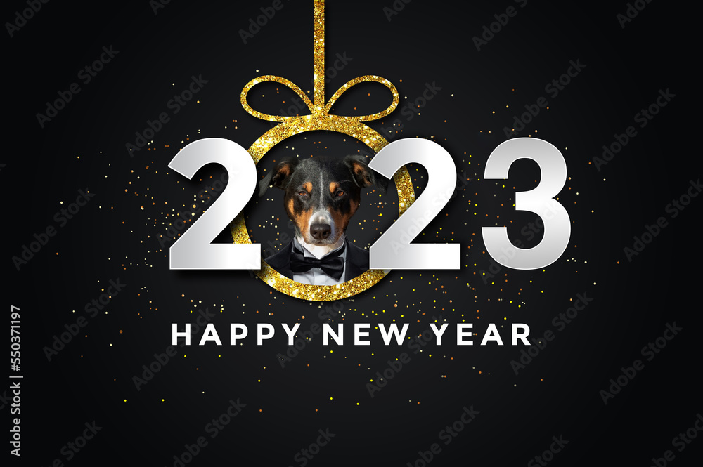 happy new year 2023 with a dog - obrazy, fototapety, plakaty 