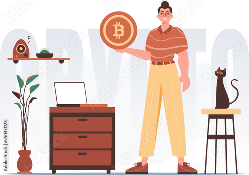 Bitcoin mining concept. A man holds a bitcoin in his hands. Character with a modern style.