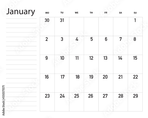 January 2023 calendar planner with to-do list and place for notes in black and white design.