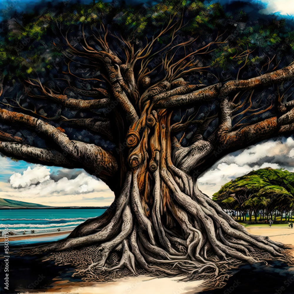 A huge banyan tree with a massive trunk and large roots. A huge banyan tree with a massive trunk and large roots.
