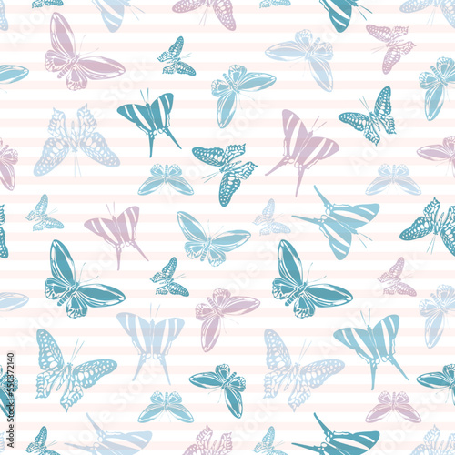 Flying butterfly silhouettes over striped background vector seamless pattern.