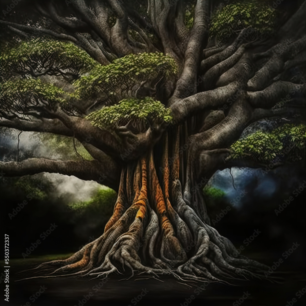 A huge banyan tree with a massive trunk and large roots. A huge banyan tree with a massive trunk and large roots.
