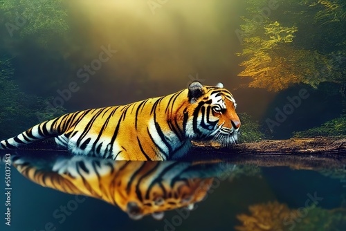 close up, a Tiger looking down at his reflection in a river, clear reflections