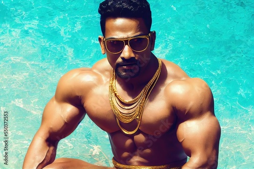 Indian men bodybuilder wearing golden speedo with gold jewelry