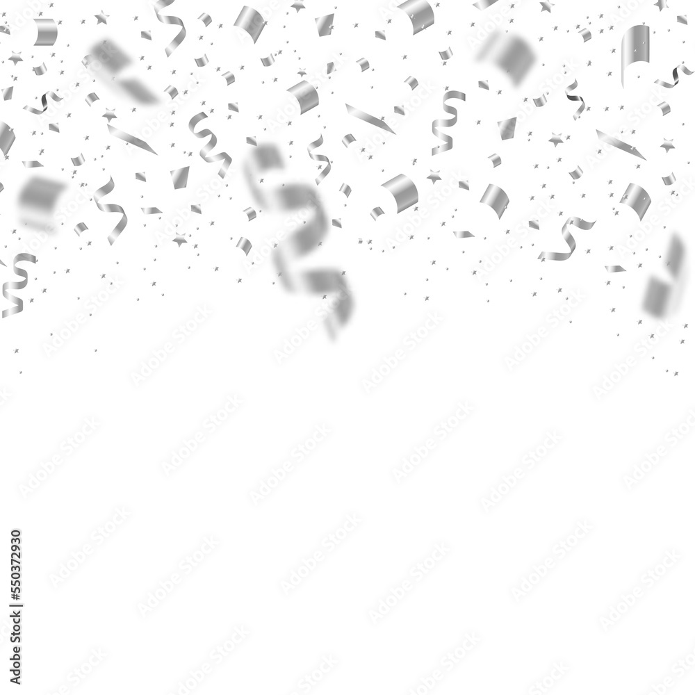 Falling silver confetti on transparent background. Many flying metallic