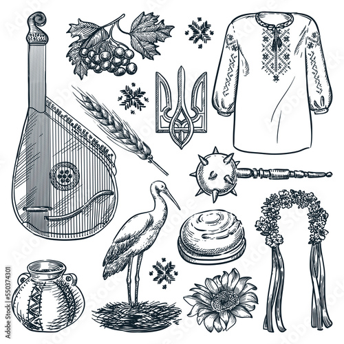 Ukrainian national symbols and icons. Vector hand drawn sketch illustration. Ukraine history and culture design elements