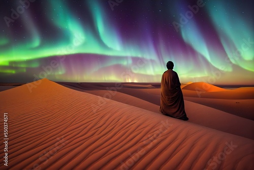 Wallpaper Mural Polar lights over the Sahara desert, Bedouin man in awe, looking at the aurora, red sand dunes Torontodigital.ca