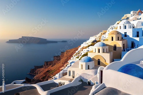 Santorini residential homes, boxy and rounded, white during sun rise, fat cactus, sea and mountains in the background