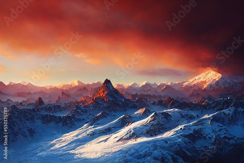 snow-capped peaks of the majestic mountain, emerging from the clouds, in the light of the sunset