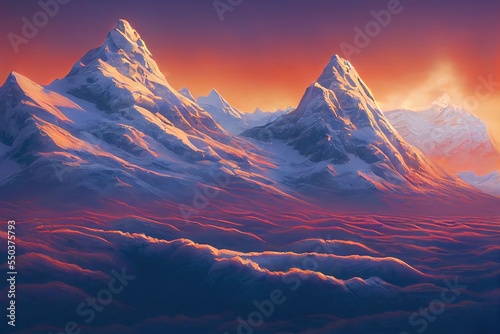 snow-capped peaks of the majestic mountain, emerging from the clouds, in the light of the sunset © Rarity Asset Club