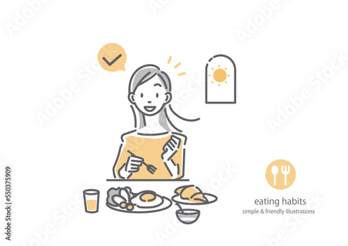 バランスのとれた朝食を食べる健康的な若い女性　シンプルでお洒落な線画イラスト