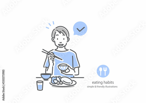 健康的でバランスのとれた食事を楽しむ男性　シンプルでお洒落な線画イラスト © fumi