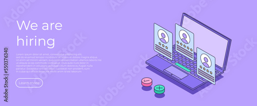 We are hiring online recruitment agency. Search people for work. Service choose employee human resources with laptop banner landing page. Isometric vector illustration