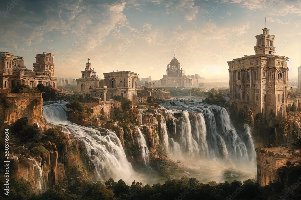 Sprawling towering Roman marble architecture fort-city, with waterfalls and reflecting pools Sprawling towering Roman marble architecture fort-city, with waterfalls and reflecting pools