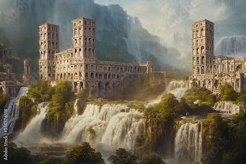 Sprawling towering Roman marble architecture fort-city  with waterfalls and reflecting pools