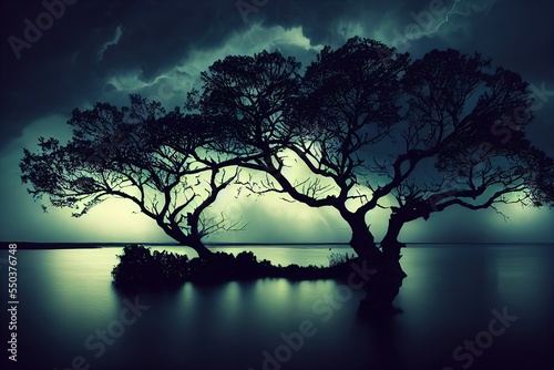 stormy night, darkness, dark clouds, black, cyan, bioluminescent glowing tree