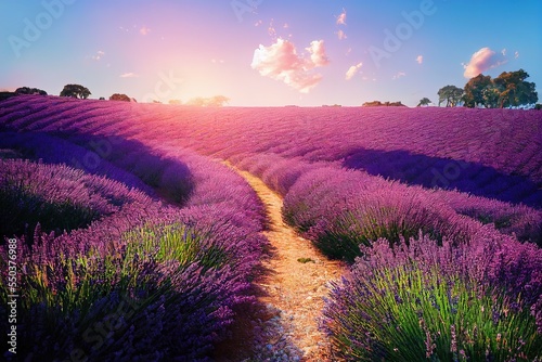 Summer field with rows of blooming lavender flowers