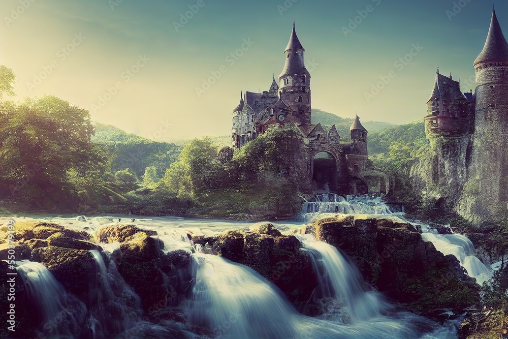 water kindom, ornate castle in the middle with a bridge
