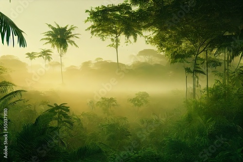 view of the jungle, African, tropical, mist and morning light, soft sunlight