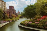 wide-angle, beautiful canal winds through gorgeous complex of art deco brownstone temples, with with lush colourful gardens