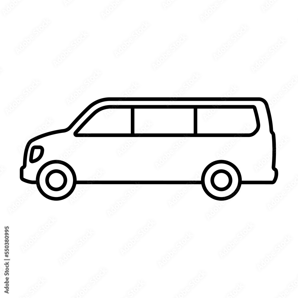 Minibus icon. Minivan. Passenger van. Black contour linear silhouette. Side view. Editable strokes. Vector simple flat graphic illustration. Isolated object on a white background. Isolate.