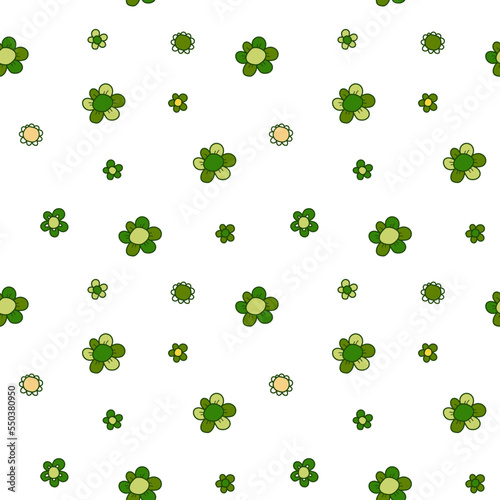 Vector pattern of flowers with rounded petals. Several shades of green. Seamless image on a transparent background.