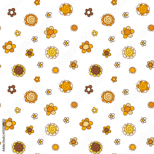 Vector pattern of flowers with rounded petals. Orange, brown, yellow colors. Seamless image on a transparent background.