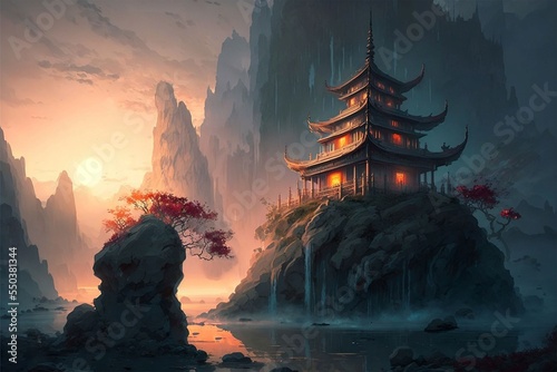 Asian style pavilion made of wood in the enchanted garden where cloud met mountain peak and red flower blossom Generative Ai