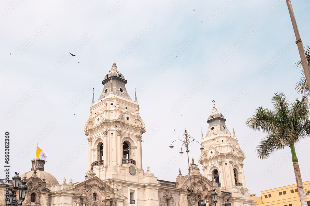 Cathedral of Lima, with birds, historical center of Lima, Peru