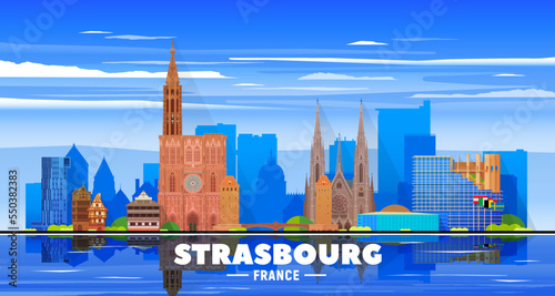 Strasbourg (France) city skyline vector at sky background. Flat vector illustration. Business travel and tourism concept with modern buildings. Image for banner or website. photo