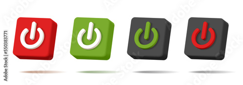 web icon push-button power, square shape with symbol in different colors