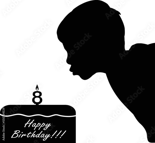 school boy celebrating birthday, blowing candle and make a wish - vector artwork